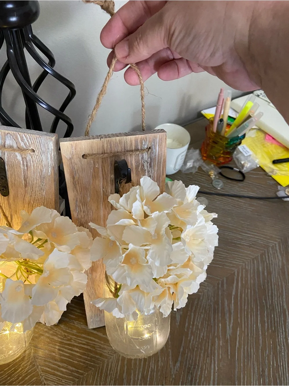 Rustic Wall Sconce Pair with Cream Hydrangea and Warm LED Mason Jars